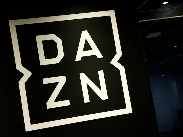 The DAZN logo at the company's office in Tokyo on March 21, 2017