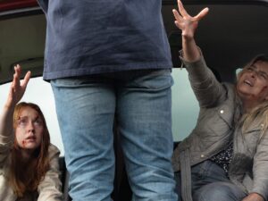 Chloe, Charity and Mack on Emmerdale on October 10, 2023