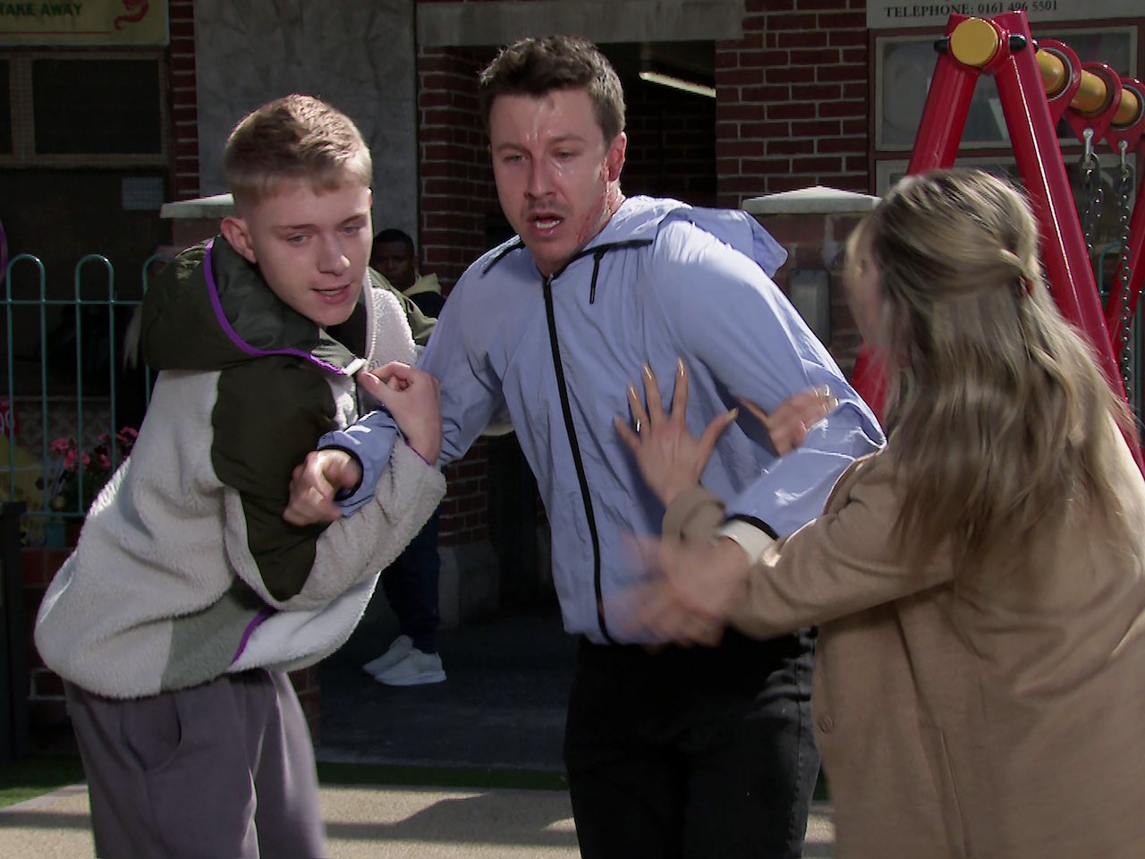 Max and Daisy restrain Ryan on Coronation Street on October 17, 2023