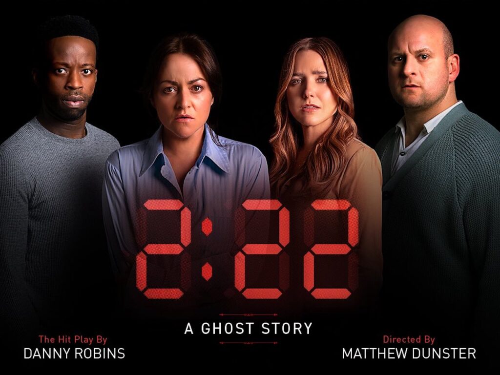 Clifford Samuel as Sam, Jaime Winstone as Jenny, Sophia Bush as Lauren and Ricky Champ as Ben in 2:22 A Ghost Story
