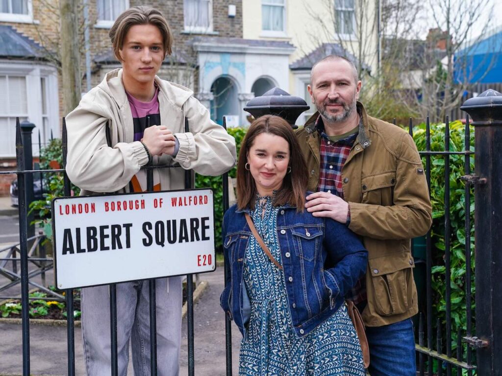 Max Murray as Joel, Alice Haig as Vicki and Alex Walkinshaw as Ross in EastEnders