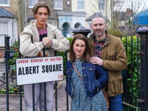Max Murray as Joel, Alice Haig as Vicki and Alex Walkinshaw as Ross in EastEnders