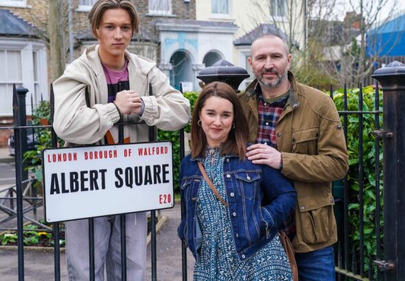 Max Murray as Joel, Alice Haig as Vicki and Alex Walkinshaw as Ross in EastEnders