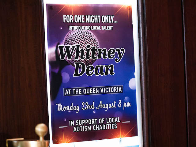 Poster for Whitney’s charity performance at The Queen Victoria on EastEnders on August 23, 2021