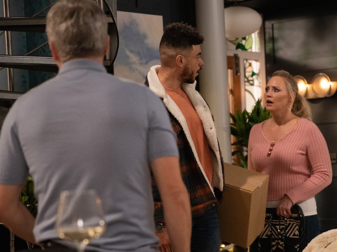 Nate arrives as Tracy and Caleb talk on Emmerdale on December 7, 2023