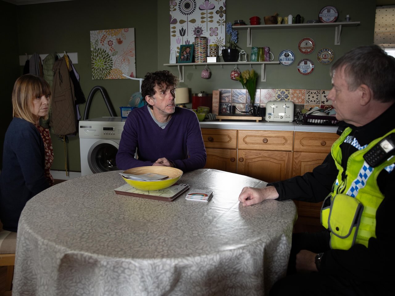 Rhona, Marlon and PC Swirling on Emmerdale on February 3, 2025