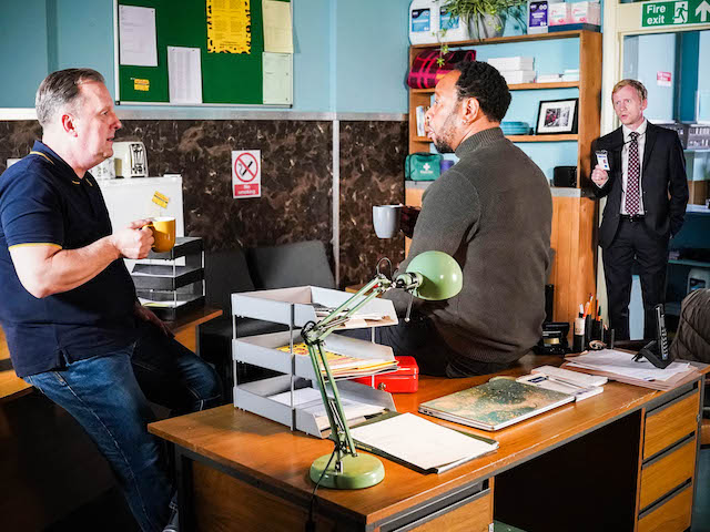 Harvey, Mitch and a police officer on EastEnders on November 16, 2021