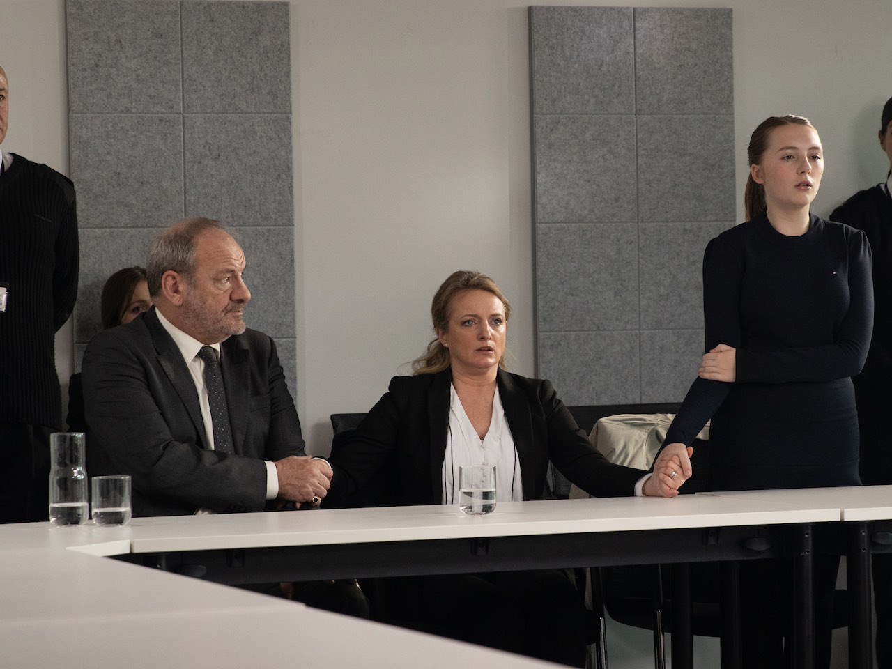 Jimmy, Nicola and Angelica at court on Emmerdale on March 13, 2024