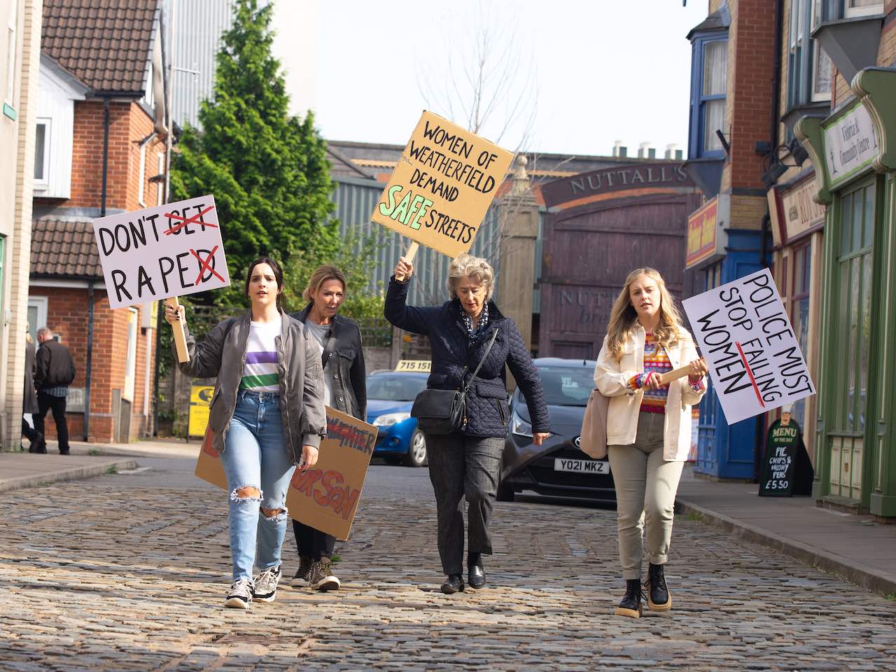 Amy, Cassie, Evelyn and Summer at the anti-spiking march on Coronation Street on November 15, 2023