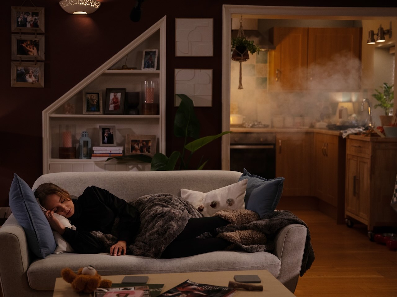 Belle sleeps with Piper as a fire starts in the kitchen on Emmerdale on June 13, 2024