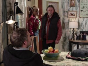 Denny, Paul and Gemma on Coronation Street on May 1, 2024