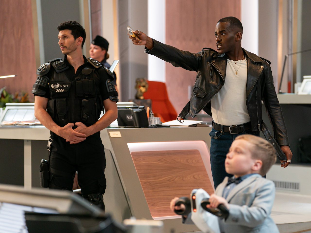 Colonel Ibrahim, The Doctor and Morris Gibbons in Doctor Who