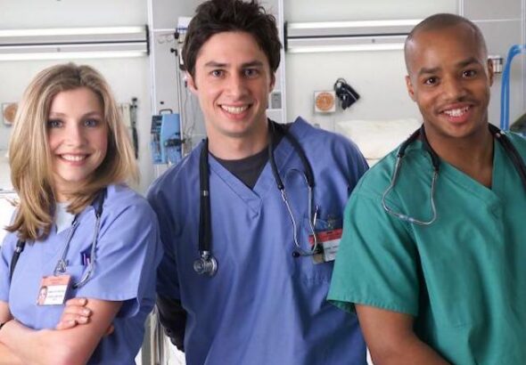Sarah Chalke as Elliot Reid, Zach Braff as JD and Donald Faison as Turk in Scrubs