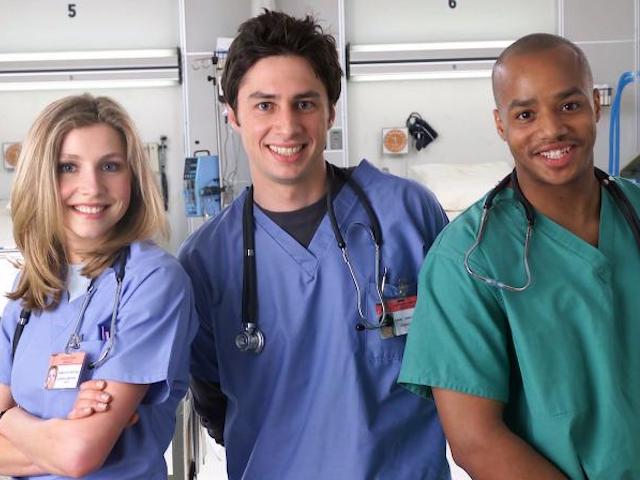 Sarah Chalke as Elliot Reid, Zach Braff as JD and Donald Faison as Turk in Scrubs