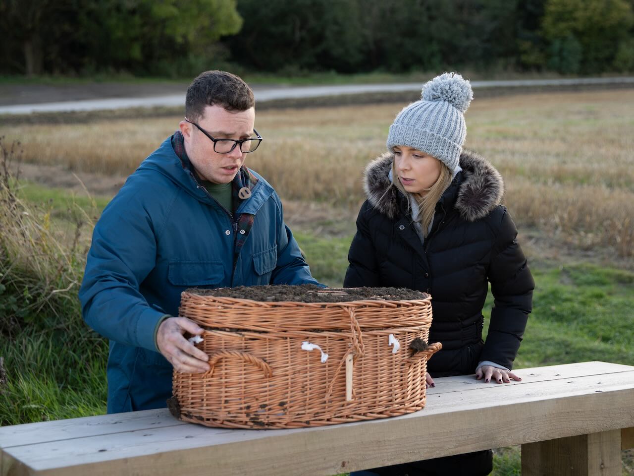 Vinny and Belle at Piper's grave on Emmerdale on December 23, 2024
