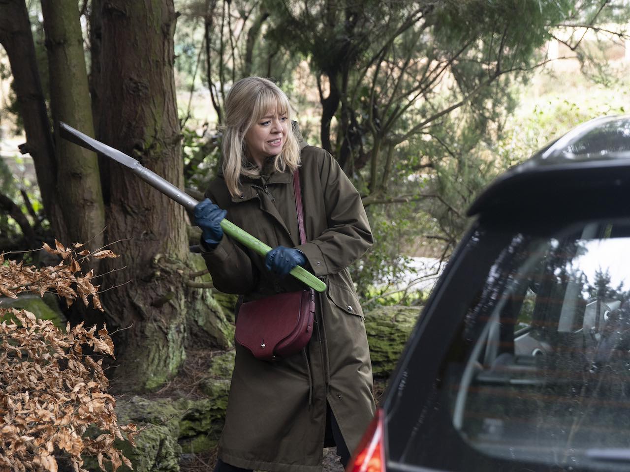 Toyah smashes a car window on Coronation Street on April 22, 2024