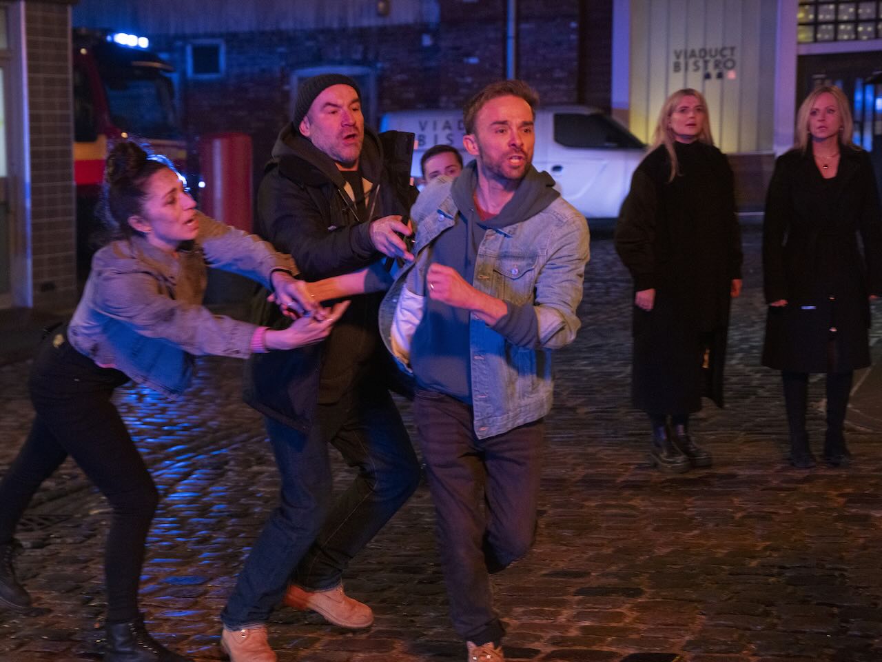 Tim, David and Shona on Coronation Street on February 4, 2025