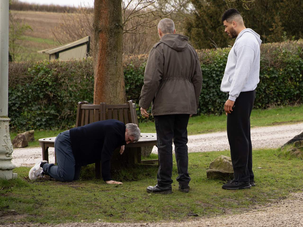 Caleb, Sam and Nate on Emmerdale on April 10, 2024